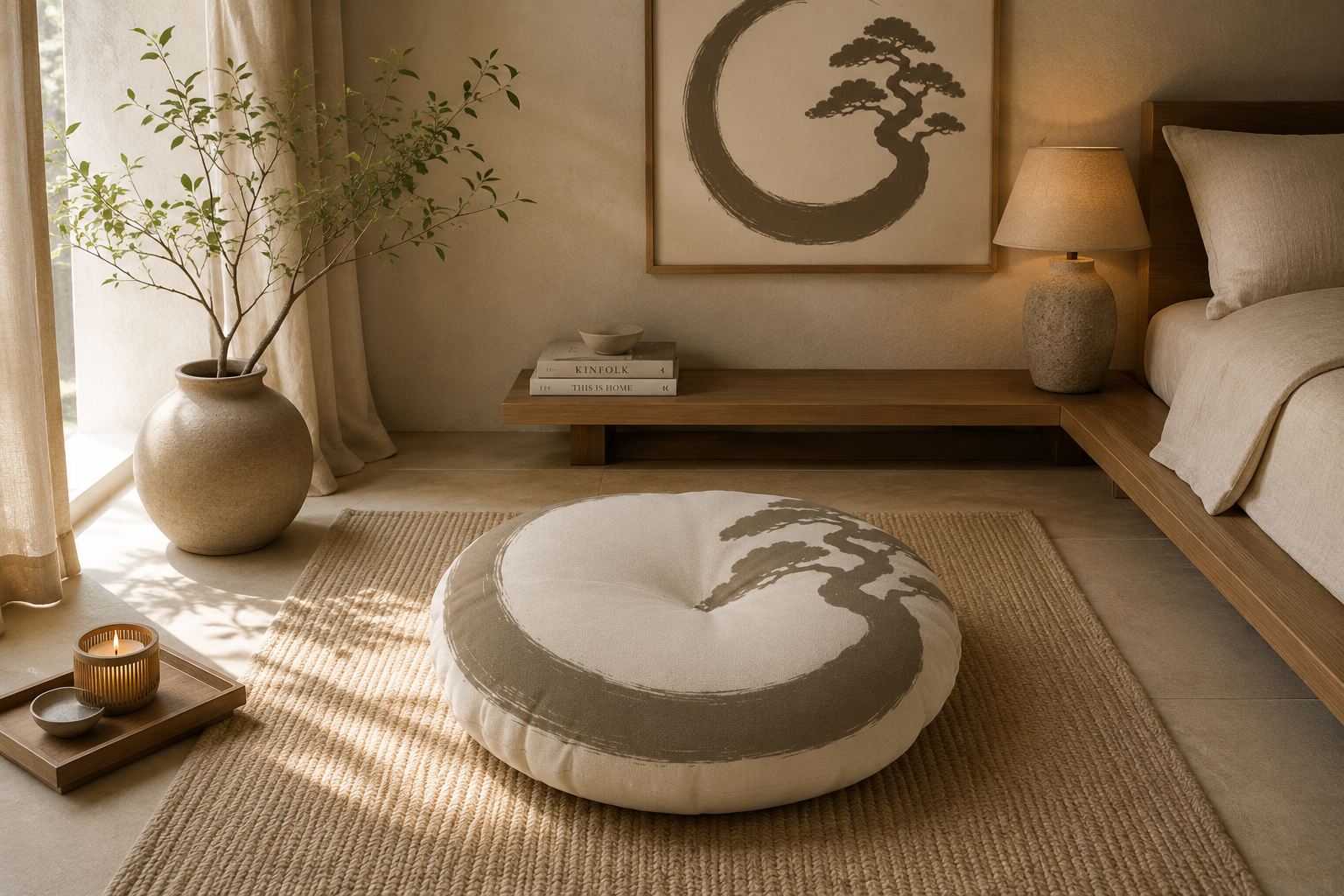 Zen Ensō Bonsai floor cushion styled on a woven rug in a warm, softly lit bedroom